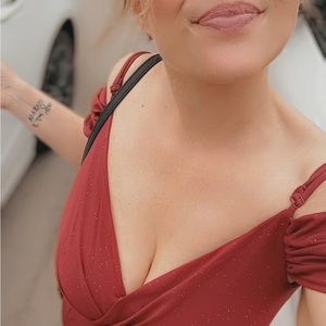 Long Side Slit Glitter Off Shoulder V-Neck Spaghetti Straps Evening Gown